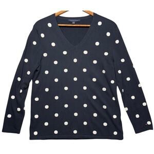Tommy Hilfiger Navy Blue White Polka Dot V Neck Knit Sweater Women XL